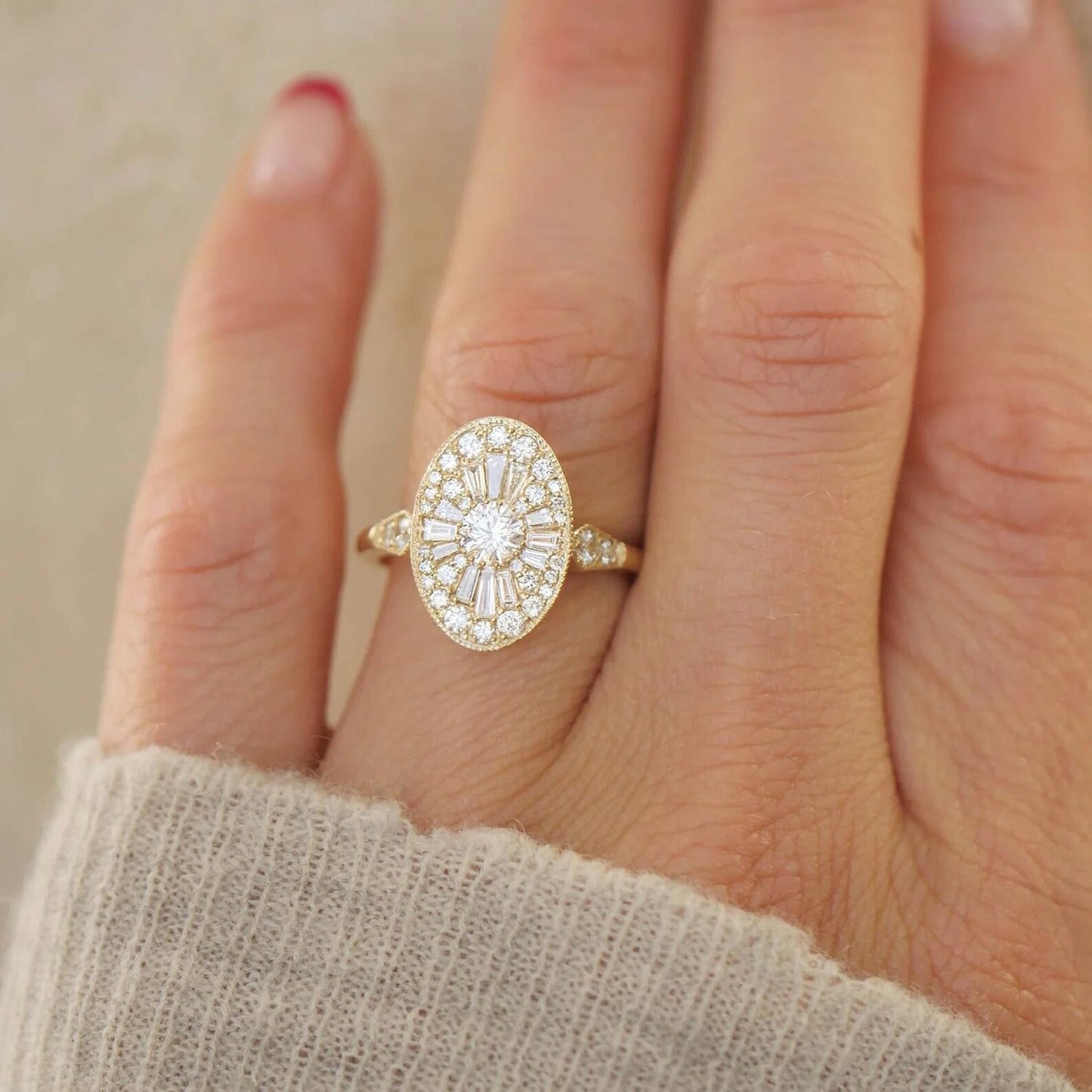 Art Deco Oval Moissanite Mosaic Ring, 14K Solid Gold Mosaic Ring, Proposal Ring for Mom, Anniversary or Birthday Gift, Lab Grown Jewelry