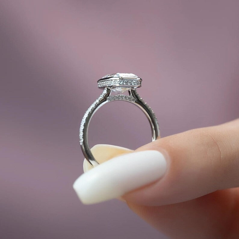 2CT Emerald Cut Moissanite Engagement Ring | Unique Wedding Ring For Women | Pave Bezel Set Wedding | Promise Ring | 14K Solid Gold Ring