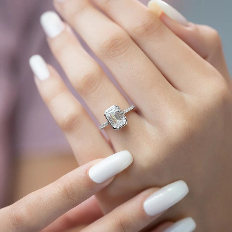 2CT Emerald Cut Moissanite Engagement Ring | Unique Wedding Ring For Women | Pave Bezel Set Wedding | Promise Ring | 14K Solid Gold Ring