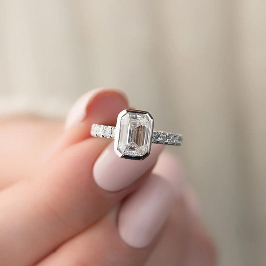 2CT Emerald Cut Moissanite Engagement Ring | Unique Wedding Ring For Women | Pave Bezel Set Wedding | Promise Ring | 14K Solid Gold Ring