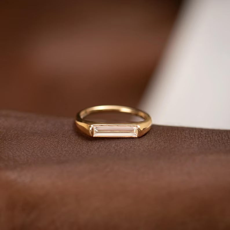 1.50 CT East-West Baguette Moissanite Solitaire Ring, Unique Long Baguette Cut Design Engagement Ring, Lab Grown Diamond Anniversary Ring.