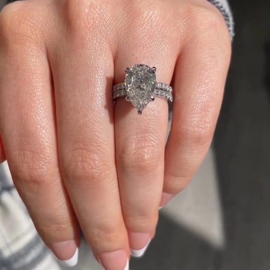 3 CT Pear Cut Moissanite Engagement Bridal Set Gift For Her Hidden Halo Ring 14K Solid Gold Lab Grown Ring Gift for Wife Wedding Ring Set.