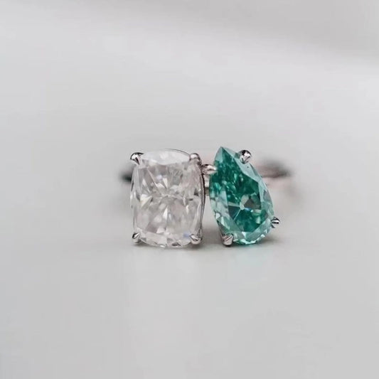 Toi et Moi Moissanite Diamond Ring | Pear And Elongated Cushion Diamond Engagement Ring | Unique Two-Stone Wedding Ring 'You and Me' Design