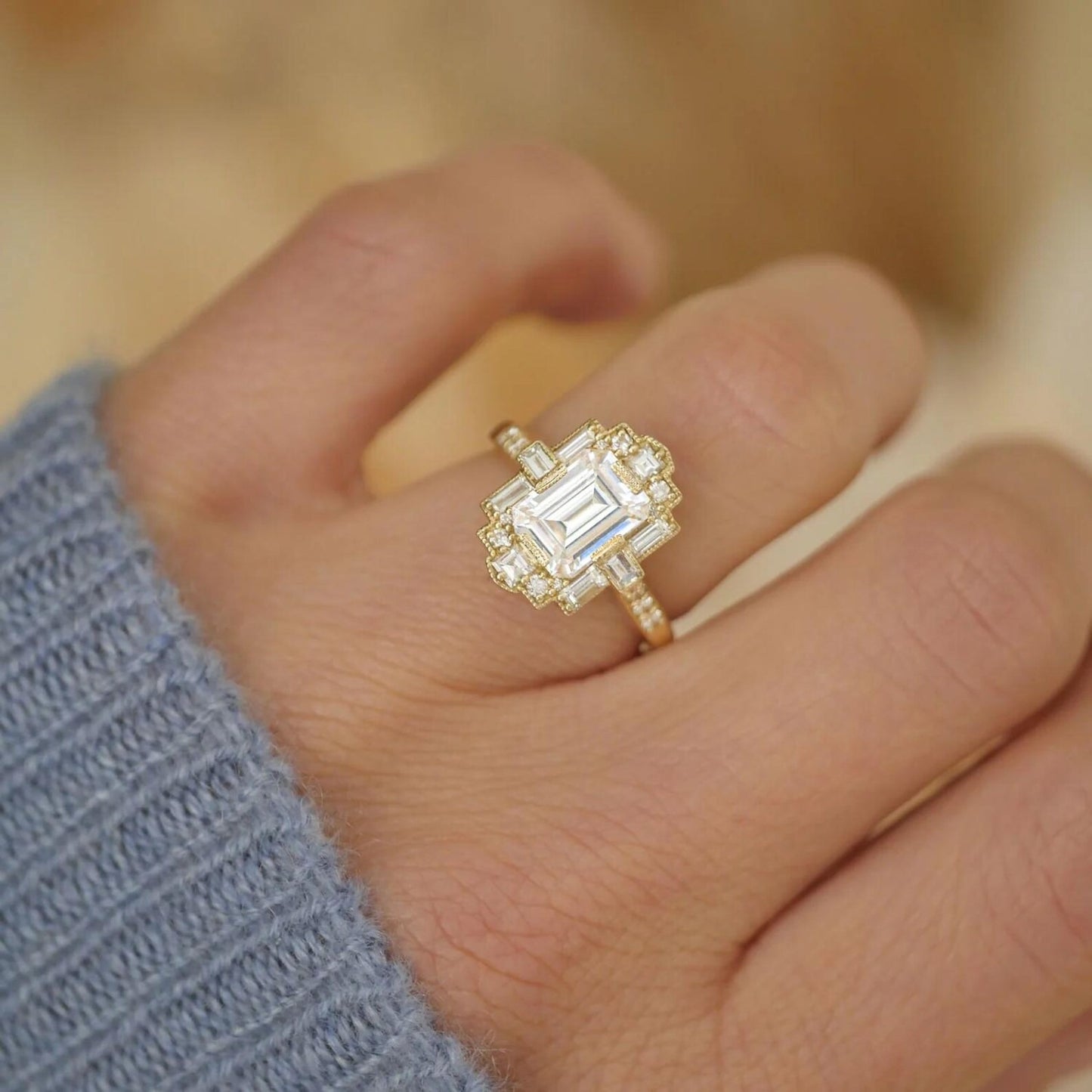 Art Deco Emerald Cut Moissanite Wedding Ring Baguette and Round Cut Engagement Ring Vintage Style Emerald Mosaic Ring Lab Grown Diamond Ring