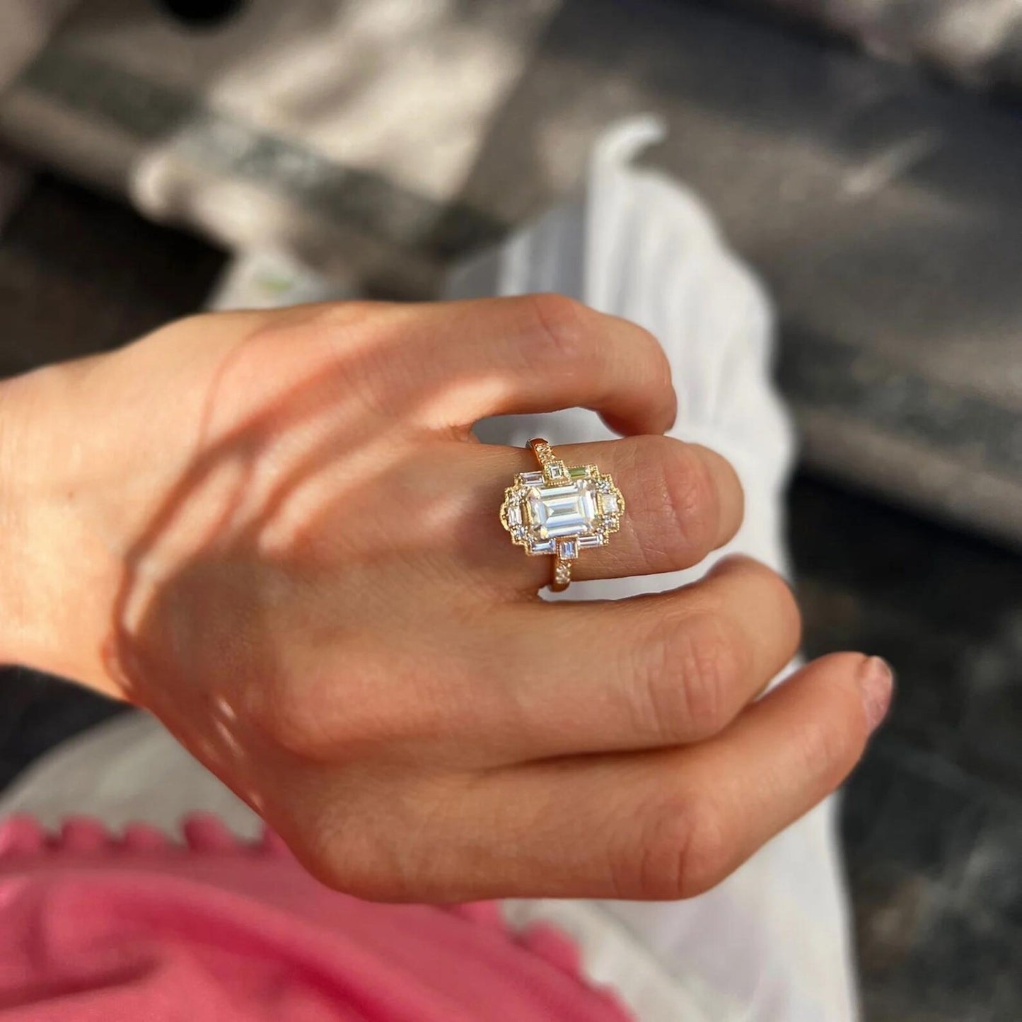 Art Deco Emerald Cut Moissanite Wedding Ring Baguette and Round Cut Engagement Ring Vintage Style Emerald Mosaic Ring Lab Grown Diamond Ring