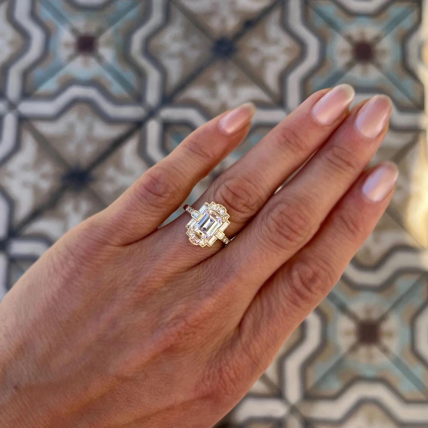 Art Deco Emerald Cut Moissanite Wedding Ring Baguette and Round Cut Engagement Ring Vintage Style Emerald Mosaic Ring Lab Grown Diamond Ring
