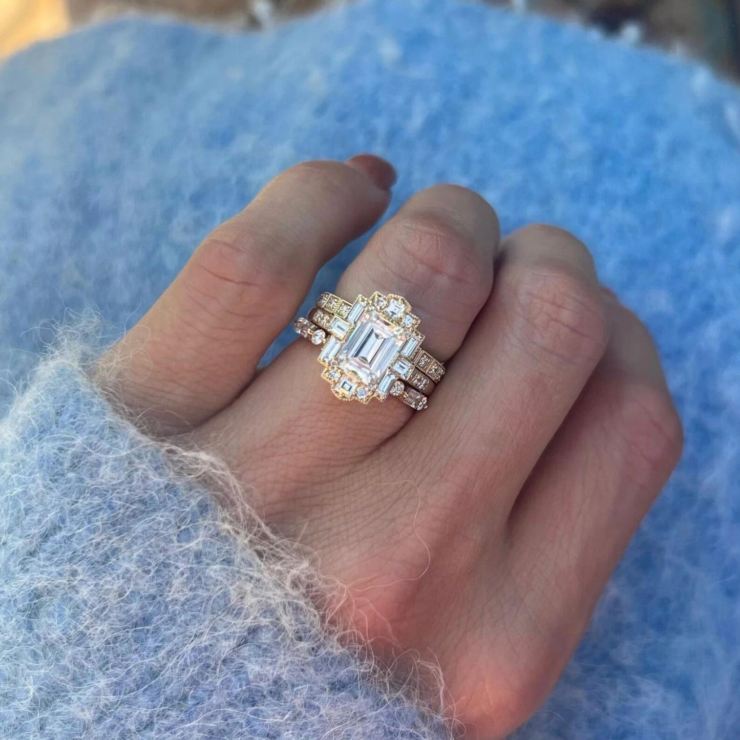 Art Deco Emerald Cut Moissanite Wedding Ring Baguette and Round Cut Engagement Ring Vintage Style Emerald Mosaic Ring Lab Grown Diamond Ring