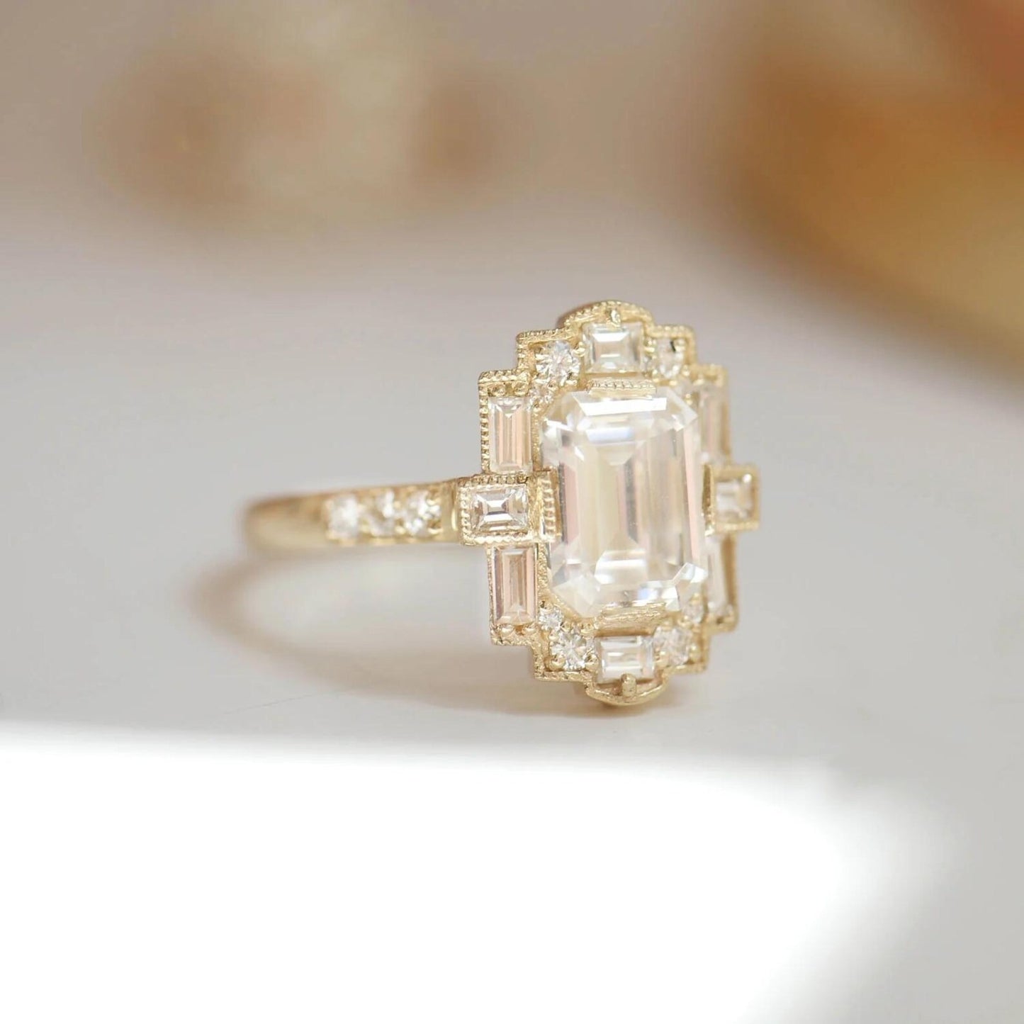 Art Deco Emerald Cut Moissanite Wedding Ring Baguette and Round Cut Engagement Ring Vintage Style Emerald Mosaic Ring Lab Grown Diamond Ring