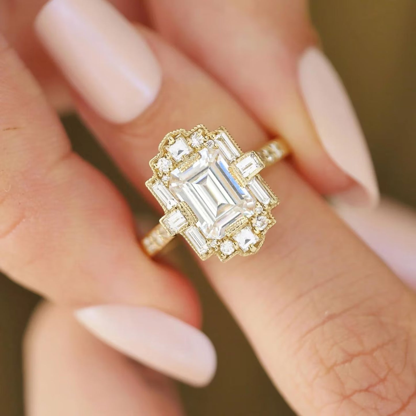 Art Deco Emerald Cut Moissanite Wedding Ring Baguette and Round Cut Engagement Ring Vintage Style Emerald Mosaic Ring Lab Grown Diamond Ring