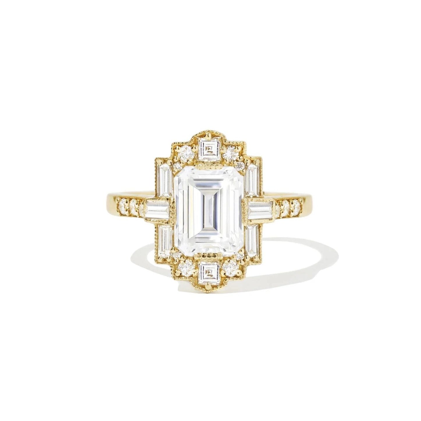 Art Deco Emerald Cut Moissanite Wedding Ring Baguette and Round Cut Engagement Ring Vintage Style Emerald Mosaic Ring Lab Grown Diamond Ring