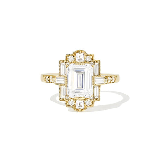 Art Deco Emerald Cut Moissanite Wedding Ring Baguette and Round Cut Engagement Ring Vintage Style Emerald Mosaic Ring Lab Grown Diamond Ring