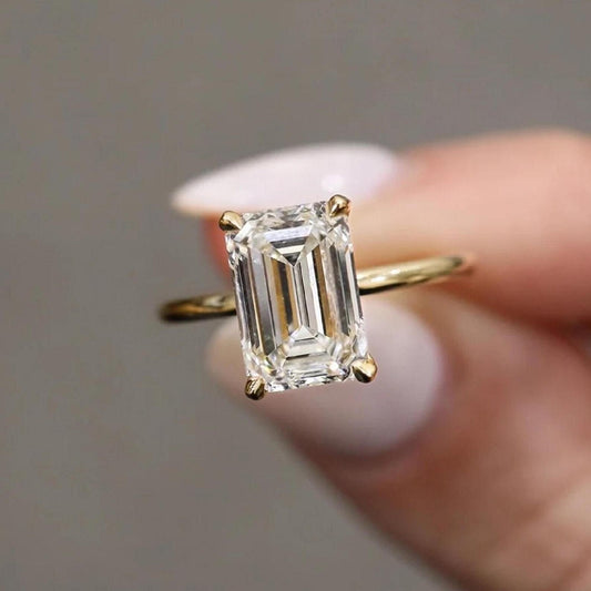 4 CT Emerald Cut Moissanite Engagement Ring Emerald Cut Solitaire Lab Grown Diamond Ring 14K Solid Gold Ring For Women Hidden Halo Ring.