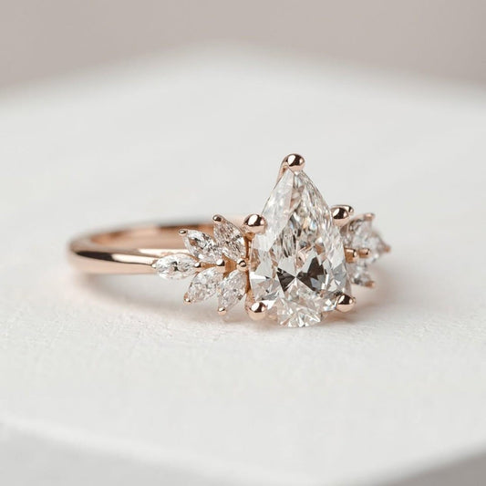 2 CT Pear shaped Moissanite Engagement Ring Unique Cluster Wedding Ring Marquise Cluster Art deco Lab Grown Diamond Promise Anniversary ring