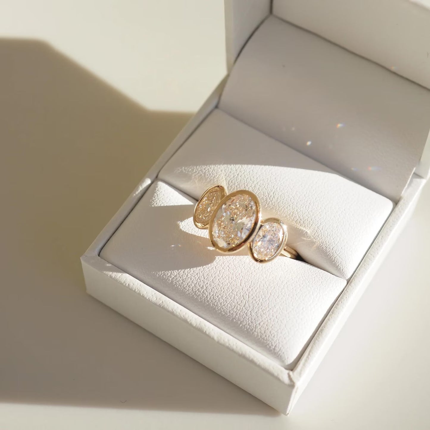 Bezel Set Three Stone Oval Cut Moissanite Engagement Ring Oval Cut Lab Grown Diamond Ring 14K Solid Anniversary Gifts For Her.