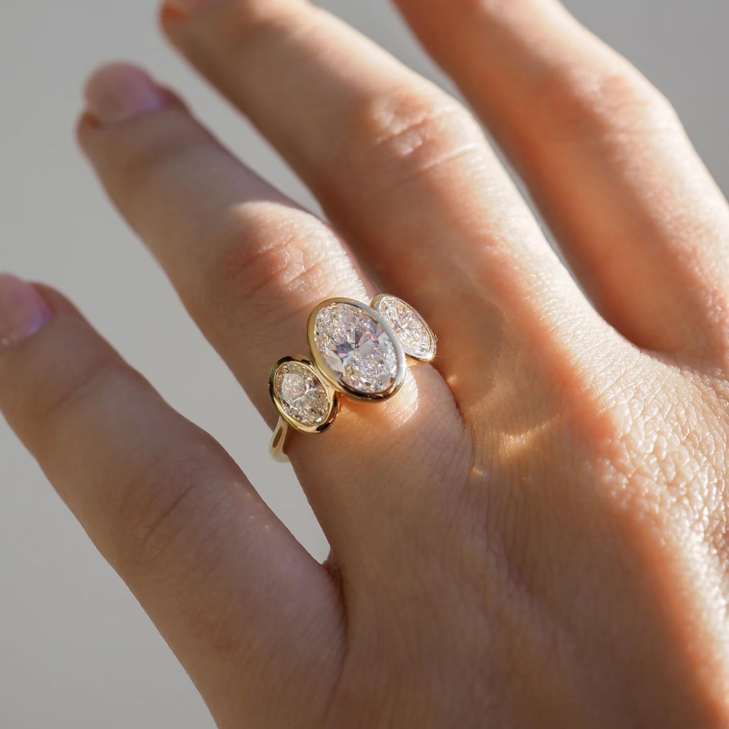 Bezel Set Three Stone Oval Cut Moissanite Engagement Ring Oval Cut Lab Grown Diamond Ring 14K Solid Anniversary Gifts For Her.