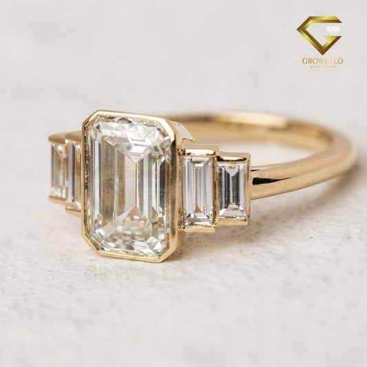 2 CT Emerald Cut Moissanite Engagement Ring Five Stone Bezel Set Wedding Promise Ring 14K Solid Gold Lab Grown Diamond Anniversary Ring