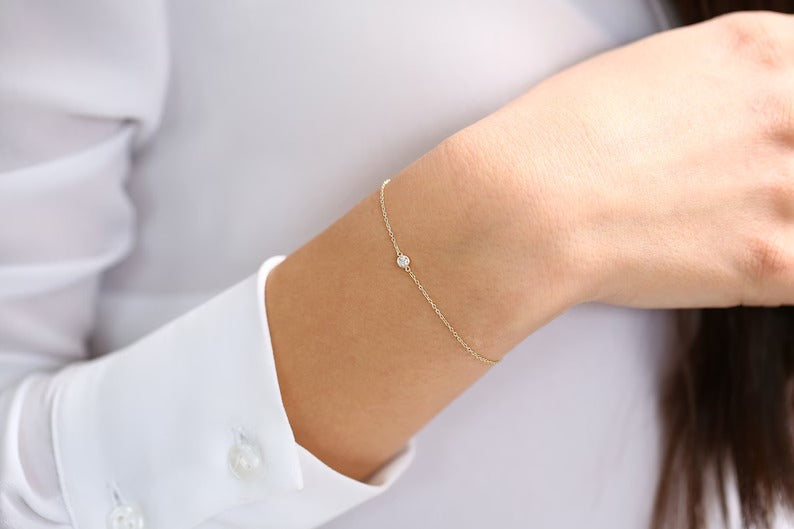 Diamond Bracelet 14k Gold Bezel Setting Diamond Bracelet for Women Brilliant Cut Solitaire Diamond Bracelet Last Minute Gifts