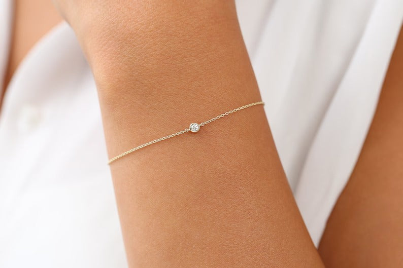 Diamond Bracelet 14k Gold Bezel Setting Diamond Bracelet for Women Brilliant Cut Solitaire Diamond Bracelet Last Minute Gifts