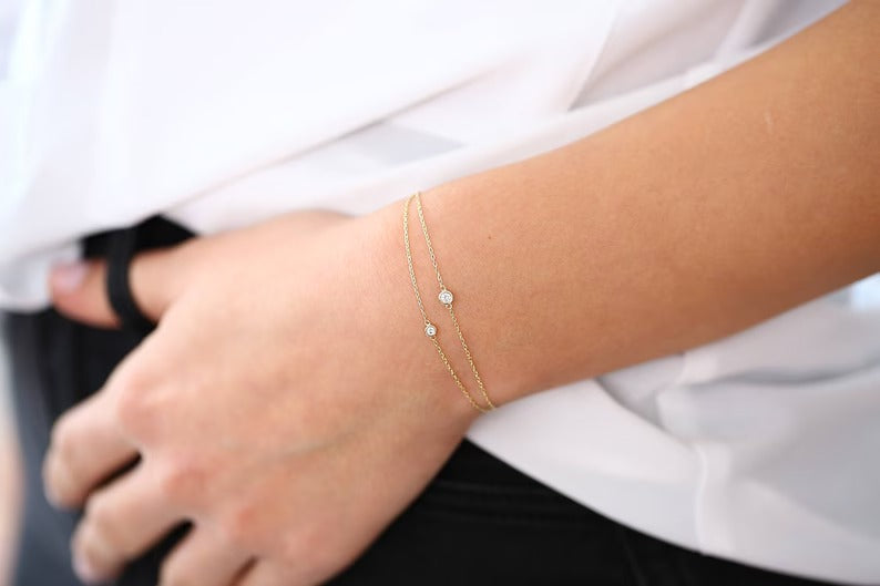 Diamond Bracelet 14k Gold Bezel Setting Diamond Bracelet for Women Brilliant Cut Solitaire Diamond Bracelet Last Minute Gifts