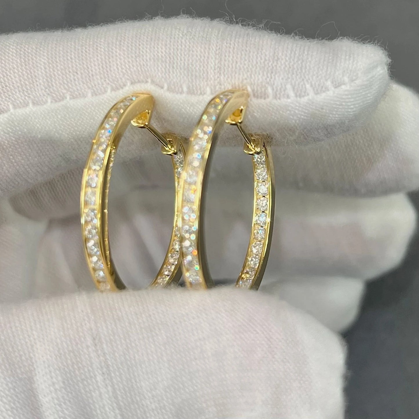 3 MM Round Moissanite Hoop Earrings, Lab Grown Diamond Channel Set Hoops Earrings, Solid 14k Yellow Gold Dainty Earrings For Women's.