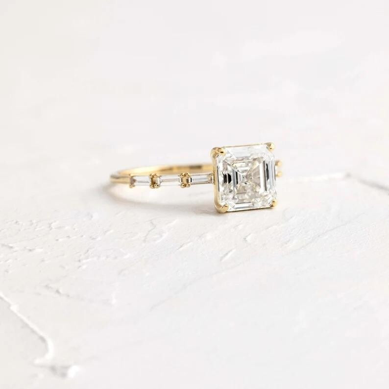 2 CT Asscher Cut Moissanite Engagement Ring Baguette Cut Pave Setting Ring 14K Solid Gold Diamond Wedding Ring Lab Grown Diamond Ring.