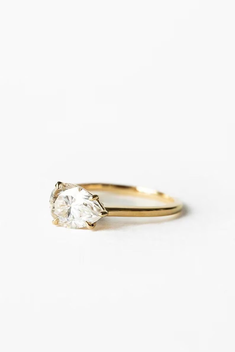 1 CT East West Pear Cut Moissanite Engagement Ring Pear Cut Solitaire Lab Grown Diamond Wedding Ring 14K Solid Gold Anniversary Ring.