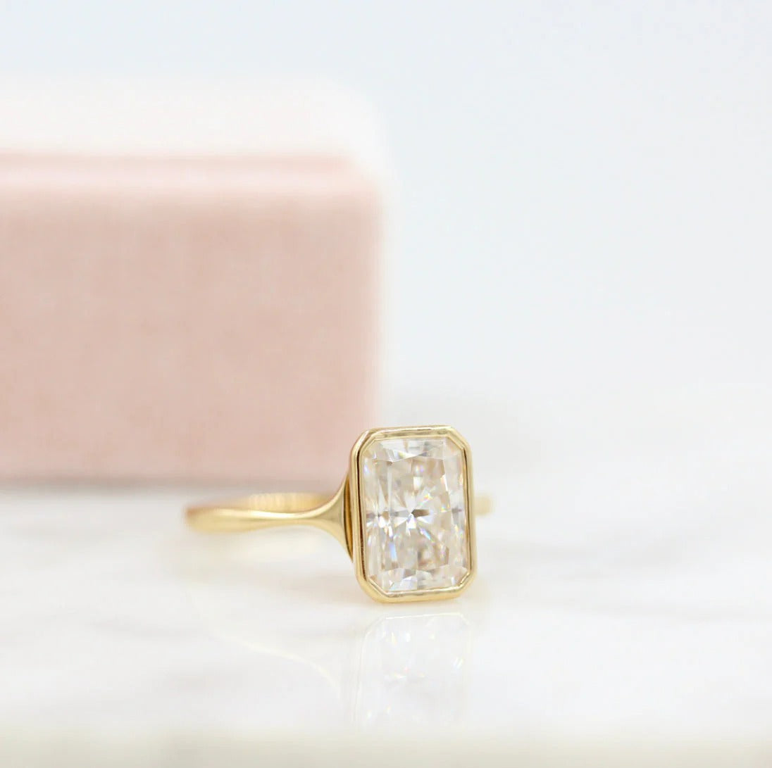 2 CT Moissanite Engagement Ring Radiant Solitaire Bezel Set Wedding Ring 14K Solid Yellow Gold Lab Grown Diamond Anniversary Ring For Women.