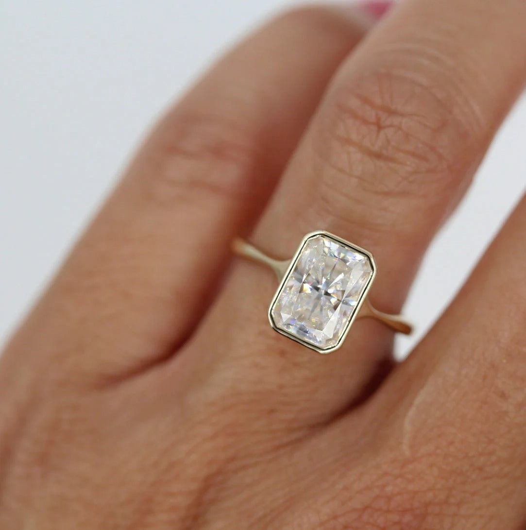2 CT Moissanite Engagement Ring Radiant Solitaire Bezel Set Wedding Ring 14K Solid Yellow Gold Lab Grown Diamond Anniversary Ring For Women.