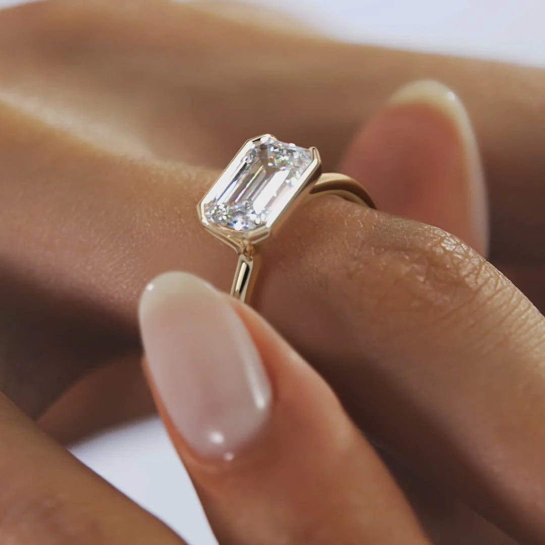 East To West Ring Half Bezel Set Emerald Cut Moissanite Engagement Ring 2 CT Solitaire Emerald Lab Grown Diamond Wedding Ring For Women.