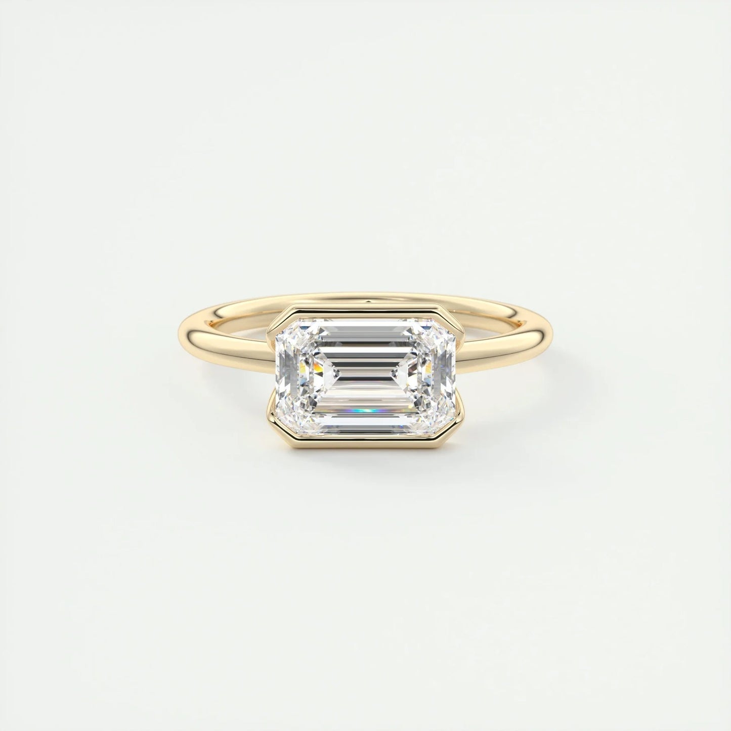 East To West Ring Half Bezel Set Emerald Cut Moissanite Engagement Ring 2 CT Solitaire Emerald Lab Grown Diamond Wedding Ring For Women.