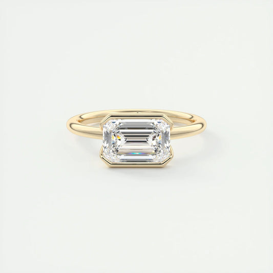 East To West Ring Half Bezel Set Emerald Cut Moissanite Engagement Ring 2 CT Solitaire Emerald Lab Grown Diamond Wedding Ring For Women.