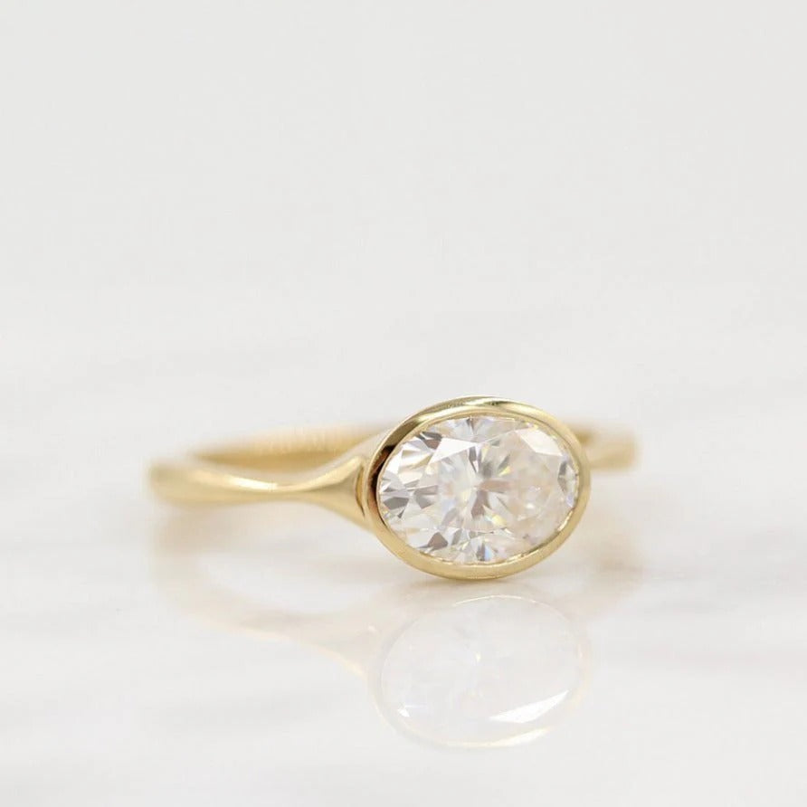 East West Oval Cut Moissanite Engagement Ring 1CT Oval Bezel Engagement Ring Oval Lab Grown Diamond Wedding Ring 14K Solid Gold Ring For Her