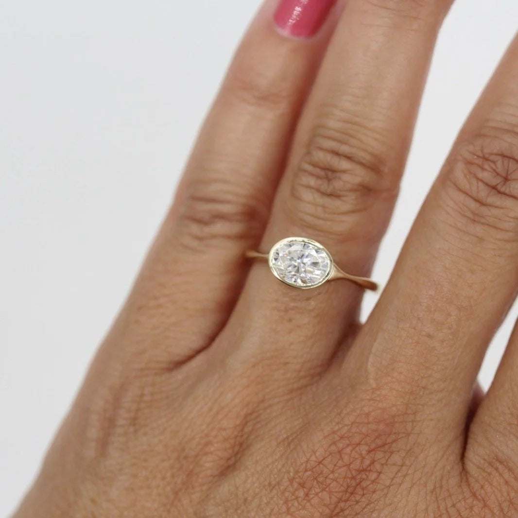 East West Oval Cut Moissanite Engagement Ring 1CT Oval Bezel Engagement Ring Oval Lab Grown Diamond Wedding Ring 14K Solid Gold Ring For Her