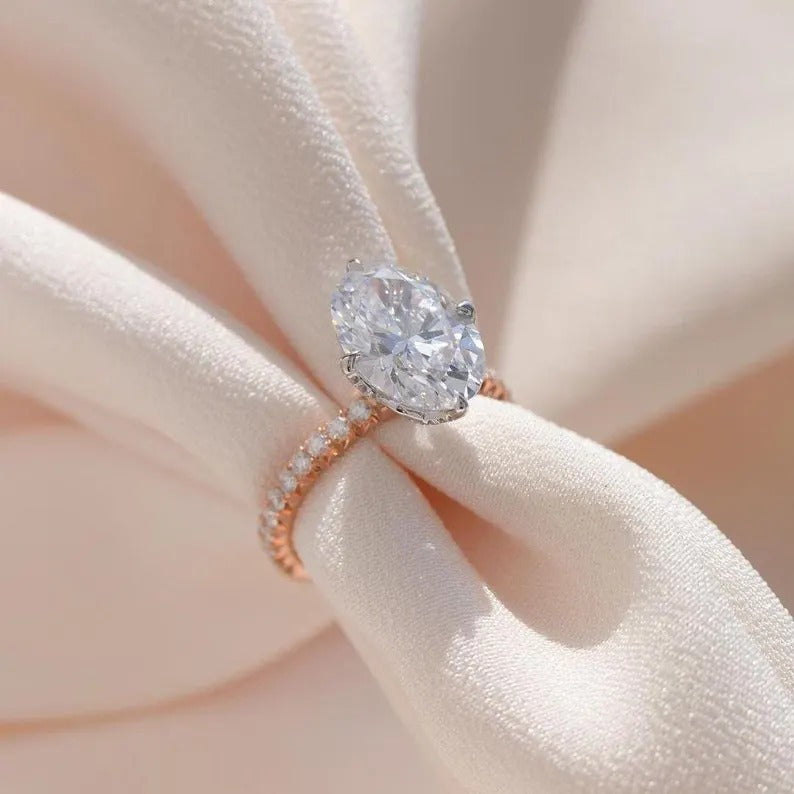 Tulip Set Two Tone Oval Ring Oval Engagement Diamond Ring Oval Moissanite Ring Wedding Oval Anniversary Gifts 14K Solid Gold Lab grown Ring.