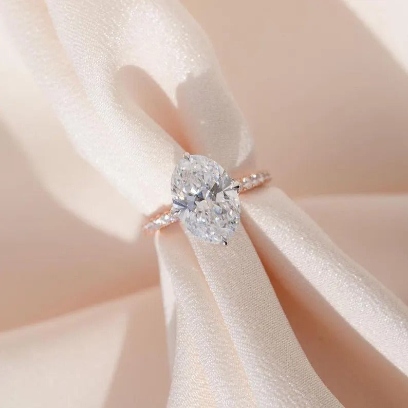 Tulip Set Two Tone Oval Ring Oval Engagement Diamond Ring Oval Moissanite Ring Wedding Oval Anniversary Gifts 14K Solid Gold Lab grown Ring.