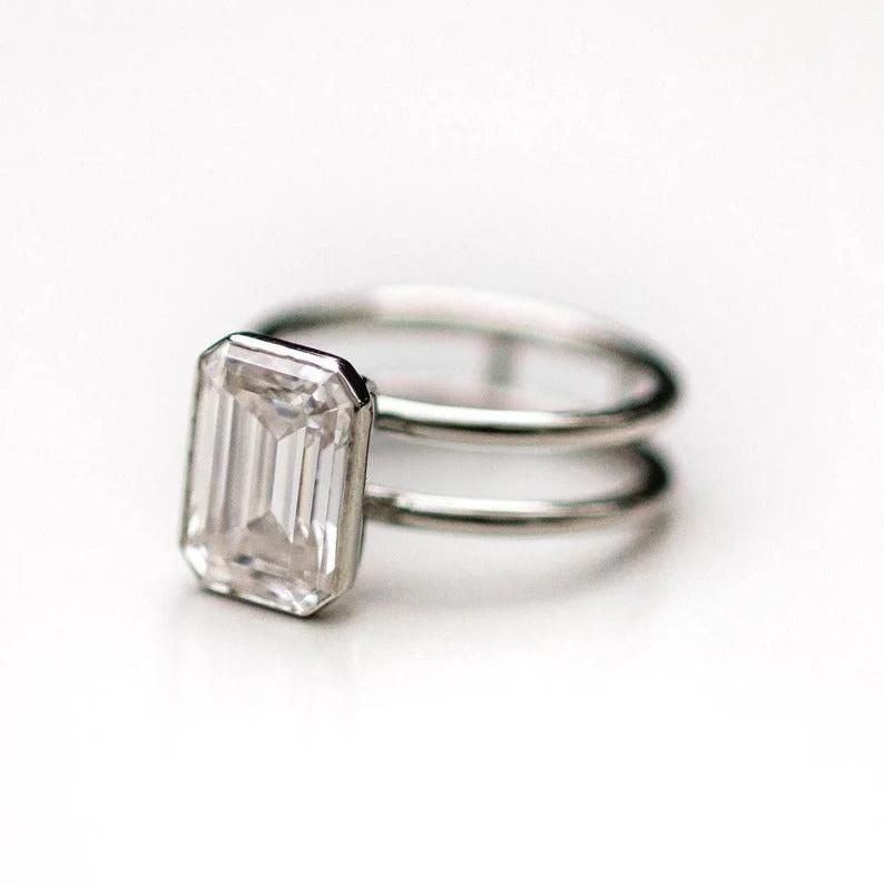 4CT Emerald Cut Moissanite Engagement Ring Dual Shank Bezel Setting Solitaire Ring 14KSolid Gold Lab Grown Diamond Designer Anniversary Ring