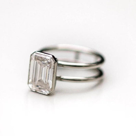 4CT Emerald Cut Moissanite Engagement Ring Dual Shank Bezel Setting Solitaire Ring 14KSolid Gold Lab Grown Diamond Designer Anniversary Ring