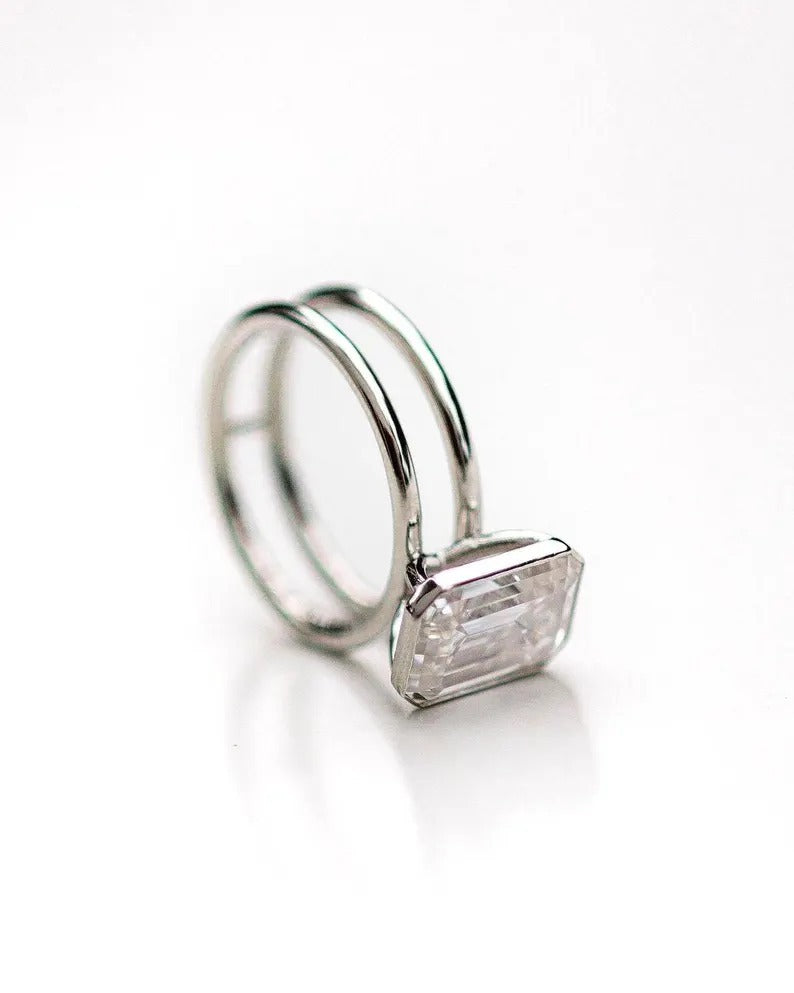 4CT Emerald Cut Moissanite Engagement Ring Dual Shank Bezel Setting Solitaire Ring 14KSolid Gold Lab Grown Diamond Designer Anniversary Ring