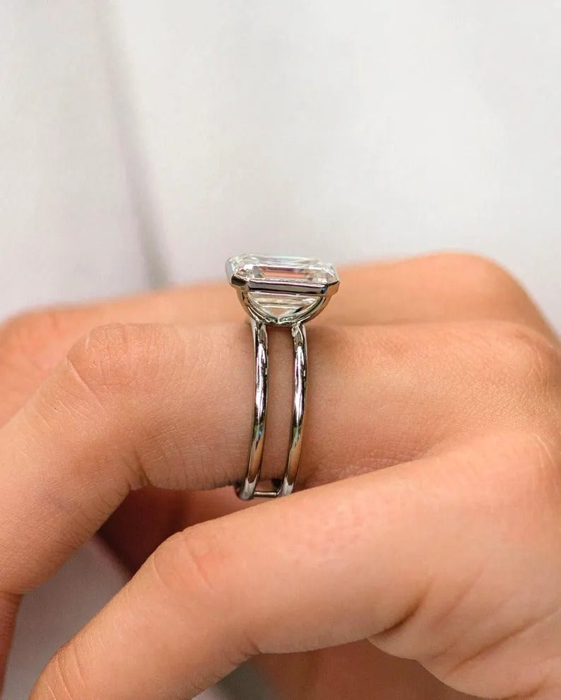 4CT Emerald Cut Moissanite Engagement Ring Dual Shank Bezel Setting Solitaire Ring 14KSolid Gold Lab Grown Diamond Designer Anniversary Ring