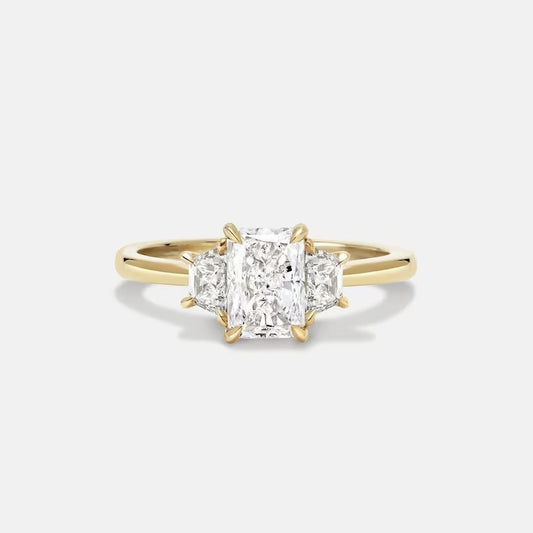 3CT Radiant Three Stone Moissanite Engagement Ring With Trapezoid Claw Prong Side 14K Solid Gold Ring For Her Radiant Lab Grown Diamond Ring