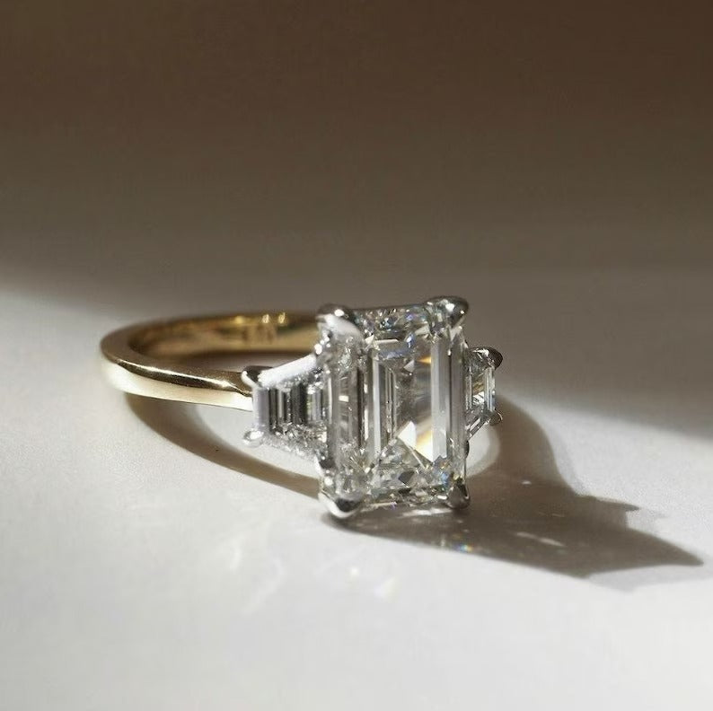 3CT Radiant Three Stone Moissanite Engagement Ring With Trapezoid Claw Prong Side 14K Solid Gold Ring For Her Radiant Lab Grown Diamond Ring