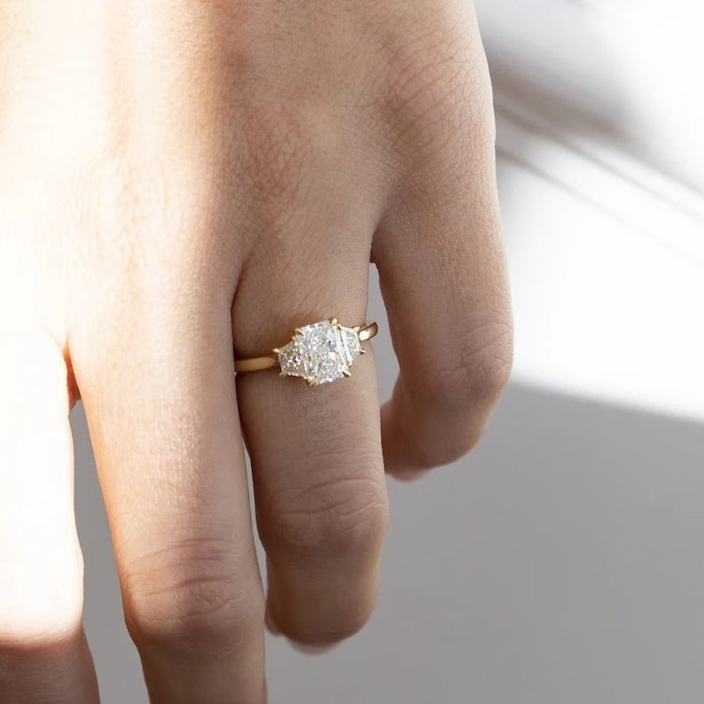 3CT Radiant Three Stone Moissanite Engagement Ring With Trapezoid Claw Prong Side 14K Solid Gold Ring For Her Radiant Lab Grown Diamond Ring