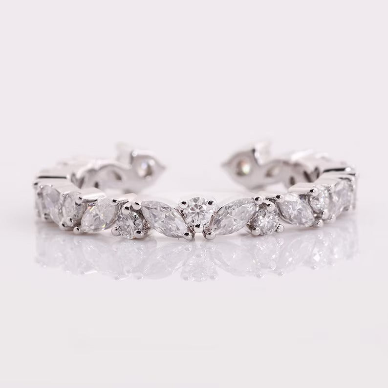 Marquise And Round Moissanite Notched Wedding Band Matching Stackable Half Eternity Wedding Anniversary Band Lab Grown Diamond Wedding Band.