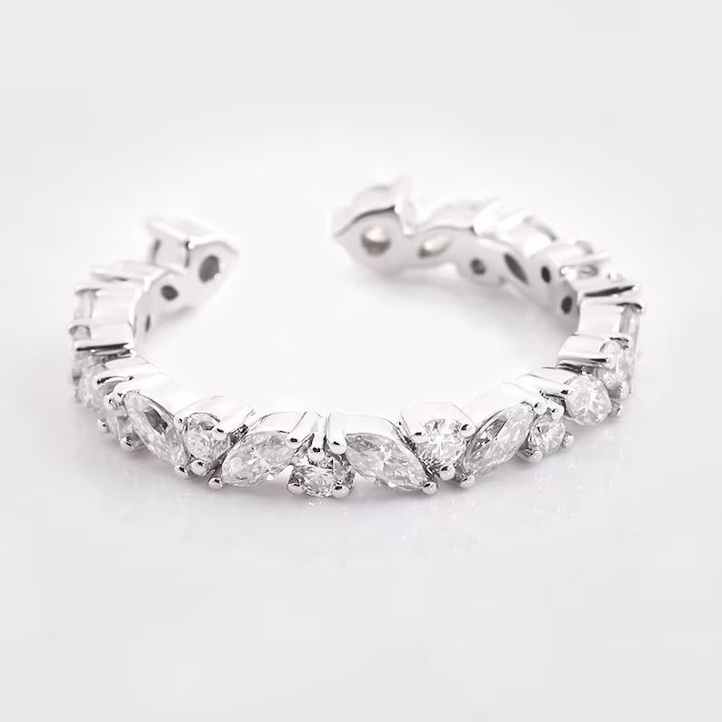 Marquise And Round Moissanite Notched Wedding Band Matching Stackable Half Eternity Wedding Anniversary Band Lab Grown Diamond Wedding Band.