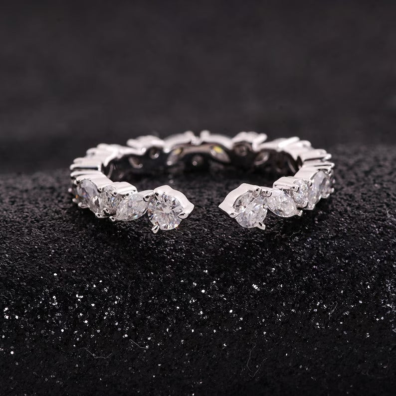 Marquise And Round Moissanite Notched Wedding Band Matching Stackable Half Eternity Wedding Anniversary Band Lab Grown Diamond Wedding Band.