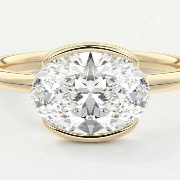 East West Oval Moissanite Engagement Ring Half Bezel Oval Lab Grown Diamond Ring 14K Solid Gold IGI Certified Diamond Solitaire Ring.