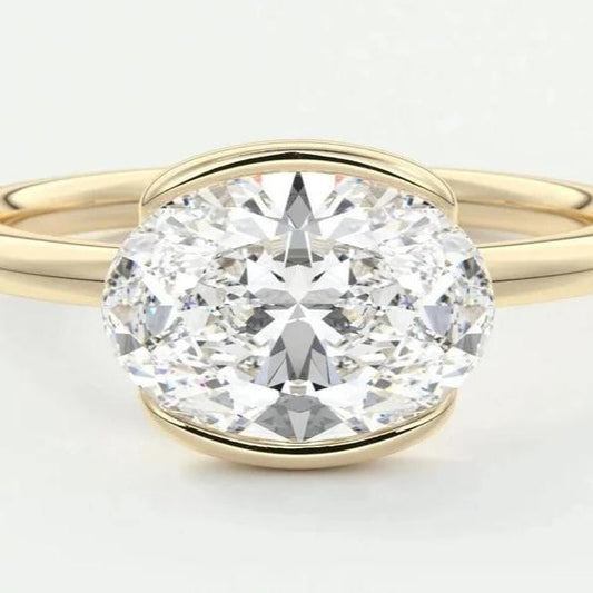 East West Oval Moissanite Engagement Ring Half Bezel Oval Lab Grown Diamond Ring 14K Solid Gold IGI Certified Diamond Solitaire Ring.