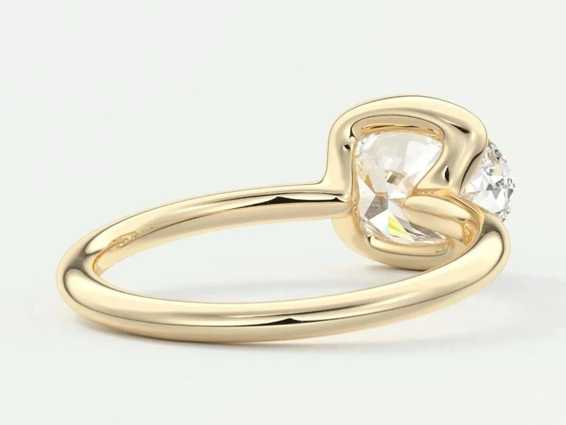 East West Oval Moissanite Engagement Ring Half Bezel Oval Lab Grown Diamond Ring 14K Solid Gold IGI Certified Diamond Solitaire Ring.