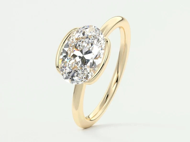 East West Oval Moissanite Engagement Ring Half Bezel Oval Lab Grown Diamond Ring 14K Solid Gold IGI Certified Diamond Solitaire Ring.