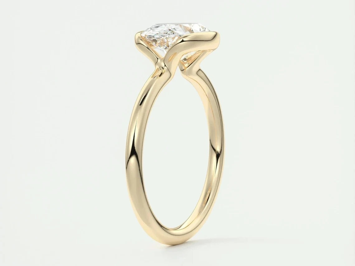 East West Oval Moissanite Engagement Ring Half Bezel Oval Lab Grown Diamond Ring 14K Solid Gold IGI Certified Diamond Solitaire Ring.